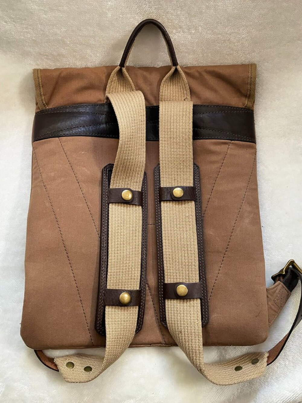 Vintage Will Leather Goods Brown Tan Canvas Leather Fold Over Flap Backpack Bag
